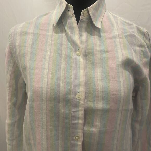 Jones New York Signature linen button down Blouse pastel Rainbow stripe size S - Picture 2 of 7
